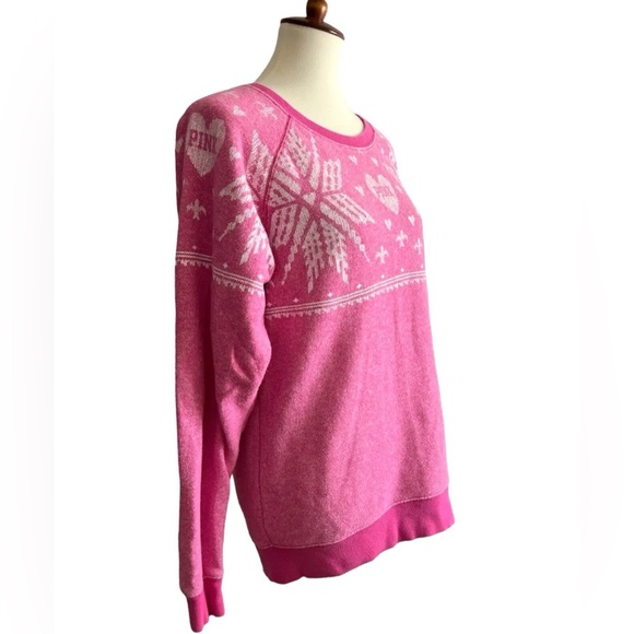 PINK Victorias Secret Women Pink White Snowflake Oversized XS Sweater - Picture 2 of 6